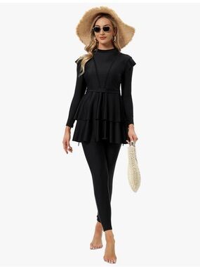 Black Tiered Long Sleeve Modest Swimwear